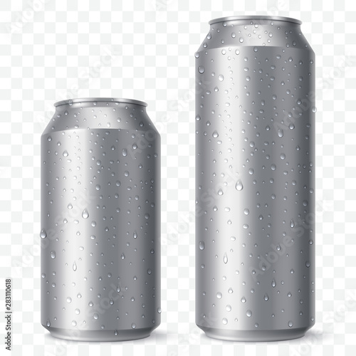 Blank beer can mock up with condensation droplets. Small and aig aluminium soda can isolated on transparent background. Realistic drink packaging. Vector eps 10.