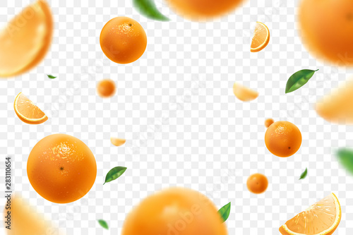 Canvastavla Falling juicy oranges with green leaves isolated on transparent background