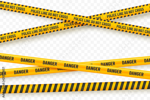 Yellow police tape isolated on transparent background. Crime scene tape vector illustration. Black and yellow police stripes. Danger zone designation. Element for your design.
