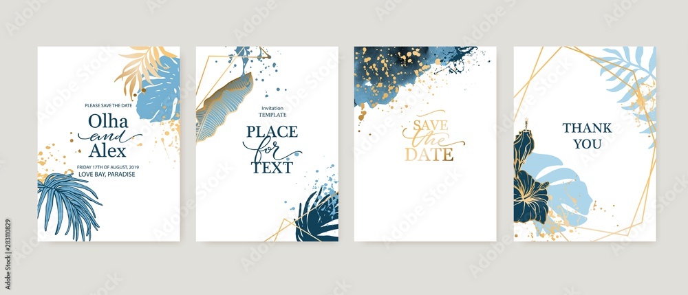 Set of elegant brochure, card, background, cover. Blue watercolor texture. Geometric frame. Palm, exotic leaves. Save the date, invitation, birthday card design.