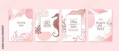 Set of wedding cards, invitation. Save the date sea style design. Romantic beach wedding summer background. Hand drawn seashells with rose gold texture.