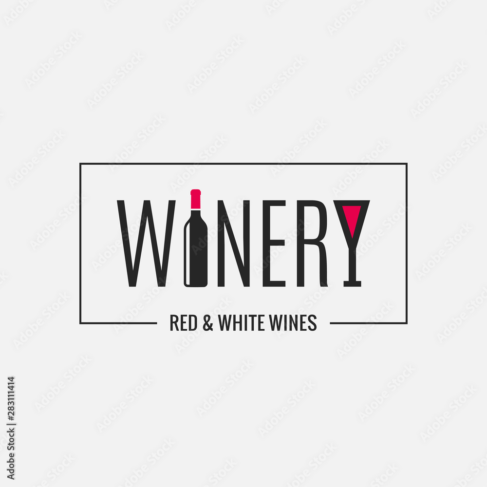 Wine bottle with wine glass logo. Winery design
