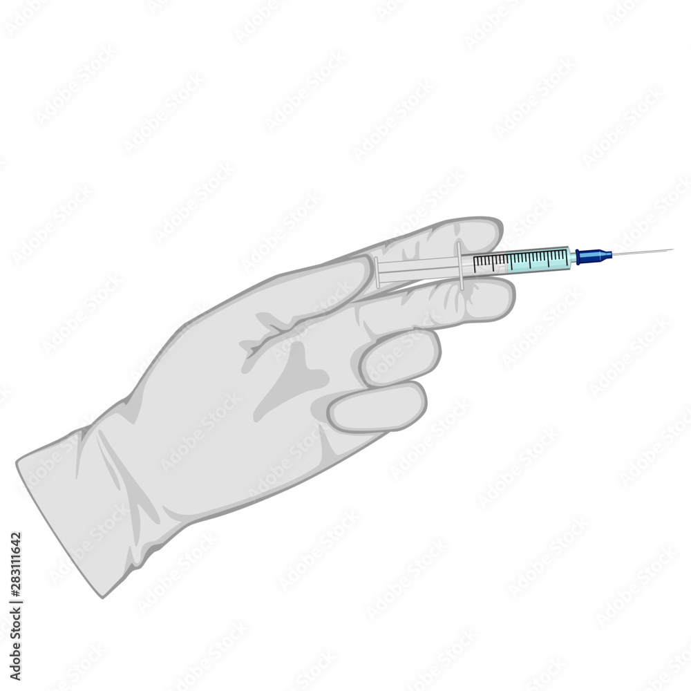 Vector illustration. Hand in medical glove with syringe. Close up view. For medical publications, immunization and vaccination campaign of people against infection and bacterial disease Vector illustration. Hand in medical glove with syringe. Close up view. For medical publications, immunization and vaccination campaign of people against infection and bacterial disease