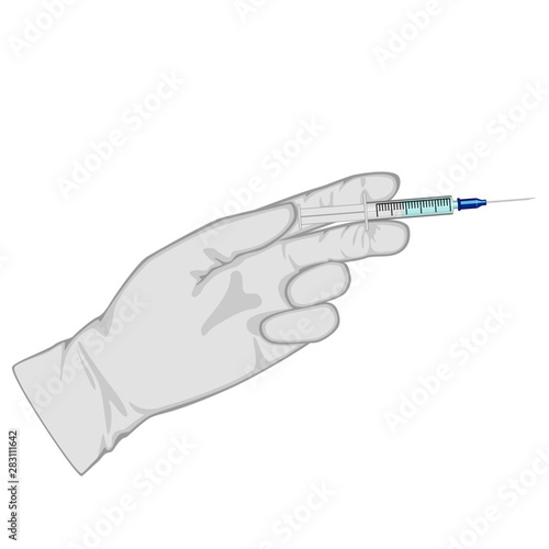 Vector illustration. Hand in medical glove with syringe. Close up view. For medical publications, immunization and vaccination campaign of people against infection and bacterial disease