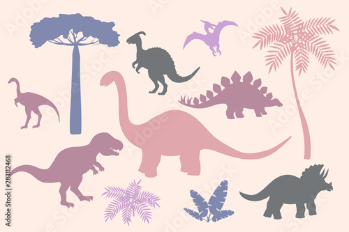 Set of colorful dinosaur silhouettes on pink background