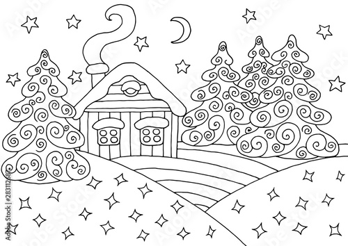 House in the winter forest - coloring page
