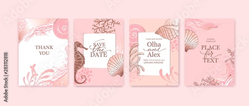 Set of wedding cards, invitation. Save the date sea style design. Romantic beach wedding summer background. Hand drawn seashells with rose gold texture.