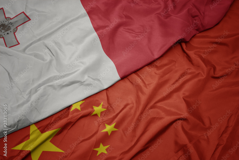 waving colorful flag of china and national flag of malta. waving colorful flag of china and national flag of malta.