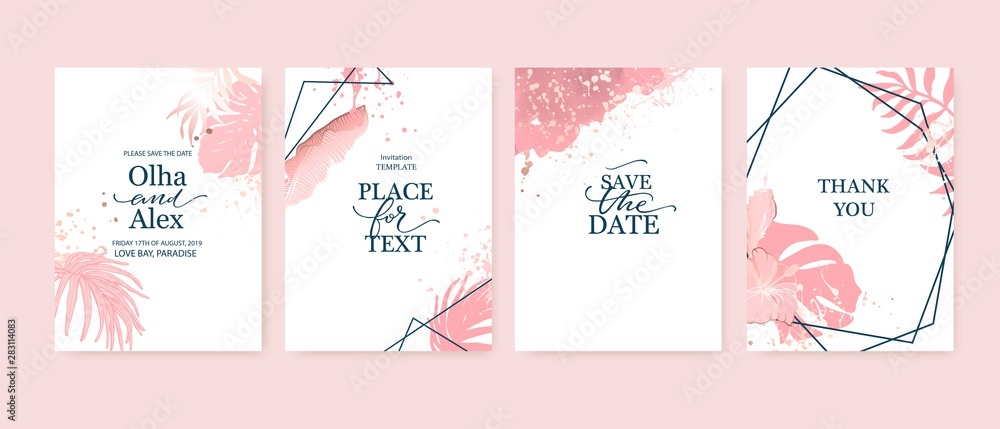RGBSet of elegant brochure, card, background, cover. Blush and rose gold marble texture. Geometric frame. Palm, exotic leaves. Save the date, invitation, birthday card design. RGBSet of elegant brochure, card, background, cover. Blush and rose gold marble texture. Geometric frame. Palm, exotic leaves. Save the date, invitation, birthday card design.