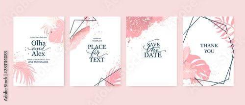  RGBSet of elegant brochure, card, background, cover. Blush and rose gold marble texture. Geometric frame. Palm, exotic leaves. Save the date, invitation, birthday card design.