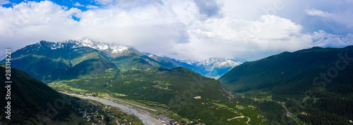 Panoramic view of Svan Towers in Mestia, Svaneti region, Georgia. It is a highland townlet in the northwest of Georgia, at an elevation of 1500 meters in the Caucasus Mountains.