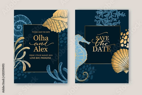 Set of elegant brochure, card, background, cover. Blue and golden marble texture. Geometric frame. Palm, exotic leaves. Save the date, invitation, birthday card design.