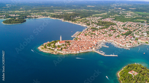 Beautiful Rovinj city aerial view from above the Adriatic sea. The old town of Rovinj, Istria, Croatia