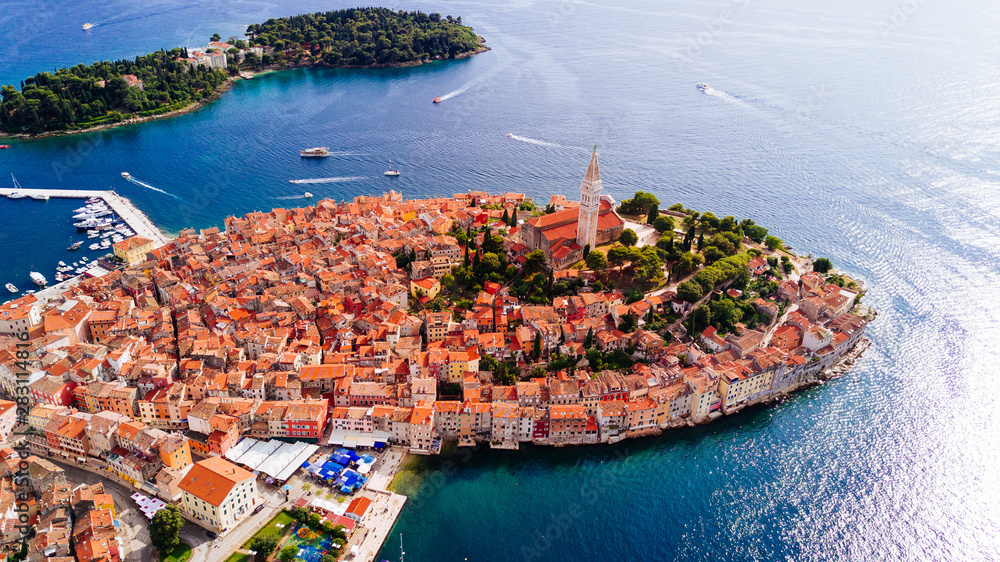 The old town of Rovinj, Istria, Croatia travel destination beautiful aerial view