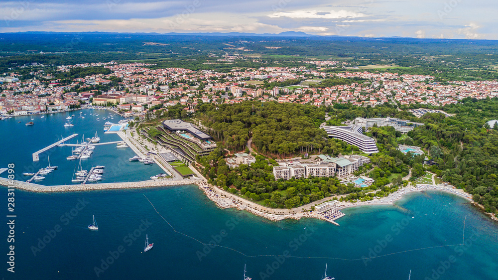 Aerial shot of an old Croatian coastal town Rovinj located on the western coast of the Istrian peninsula popular tourist resort and an active fishing port