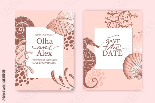 Set of wedding cards, invitation. Save the date sea style design. Romantic beach wedding summer background. Hand drawn seashells with rose gold texture.