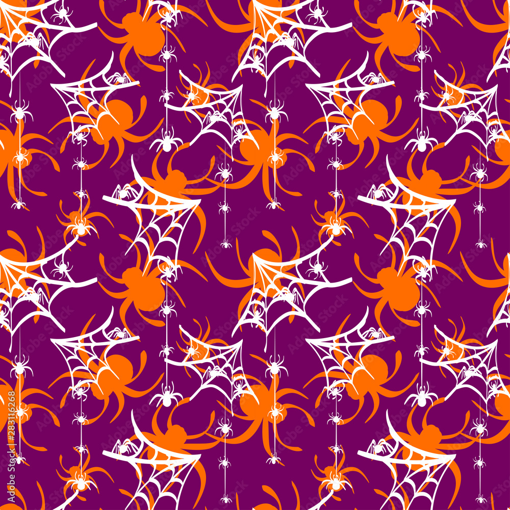 Naklejka premium orange and white spiders drawn on a dark violet background