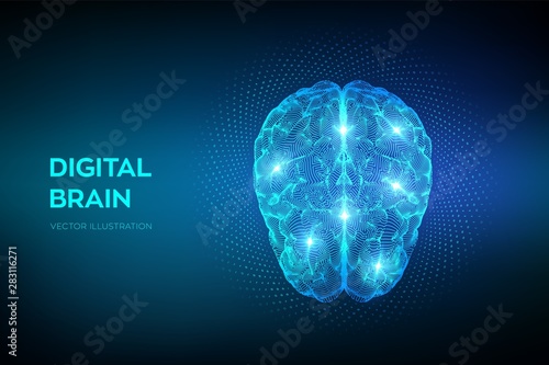 Brain. Digital brain with binary code. 3D Science and Technology concept. Neural network. IQ testing, artificial intelligence virtual emulation science technology. Vector illustration.