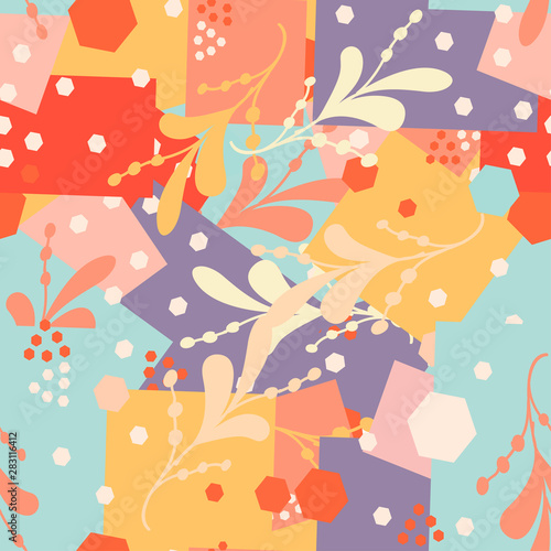 background with geometric figures and abstract flowers of blue and pink colors with orange