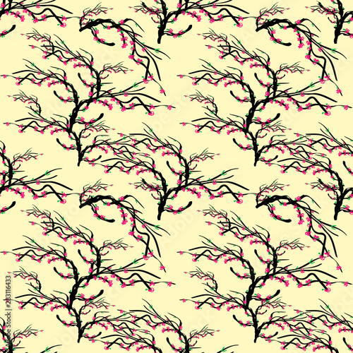 abstract tree branch with pink flowers and green leaves drawn on a light brown background