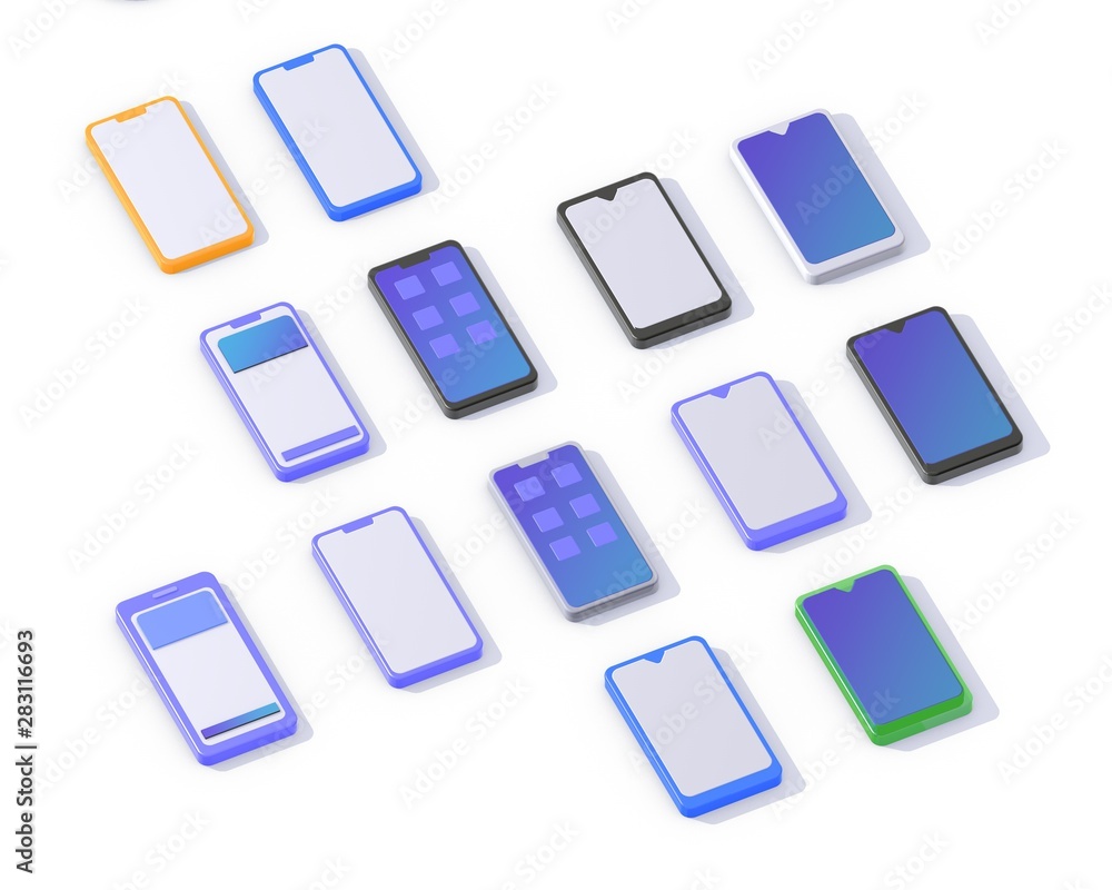 ixometric 3d icons set, various models of mobile phones, various colors. front view, top view on white background with shadow. ixometric 3d icons set, various models of mobile phones, various colors. front view, top view on white background with shadow.