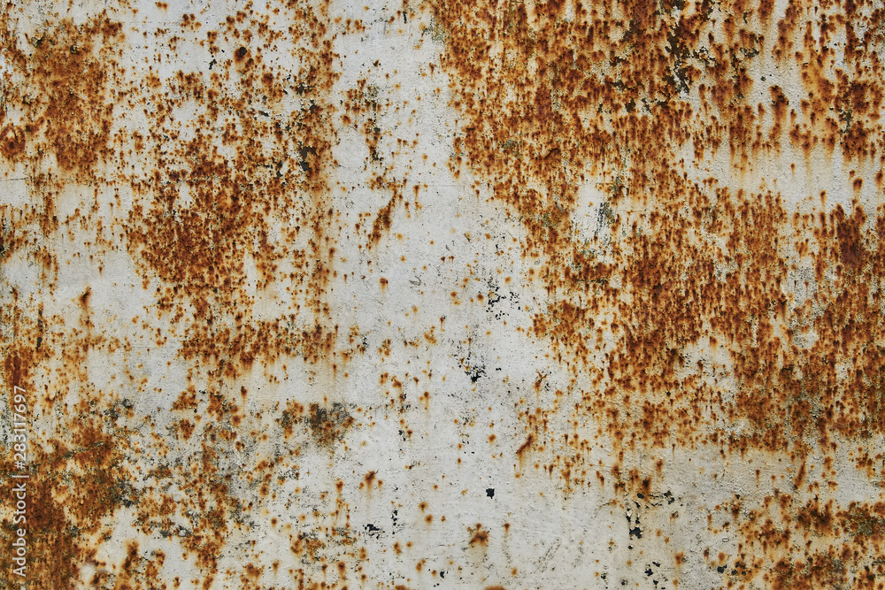 Old white painted wall with rust texture. Grunge rusted metal background. Rust stains. Old white painted wall with rust texture. Grunge rusted metal background. Rust stains.