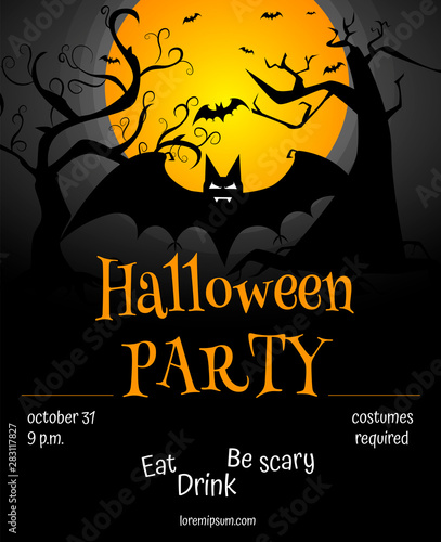 halloween party poster with full moon, scary trees, bats