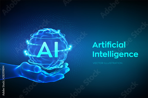 AI. Artificial Intelligence Logo in hand. Artificial Intelligence and Machine Learning Concept. Sphere grid wave with binary code. Big data innovation technology. Neural networks. Vector illustration.