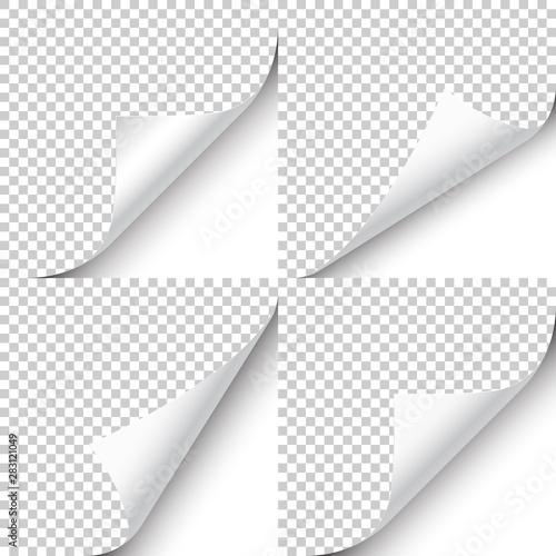 Curled page corner with shadow on transparent background collection. Blank sheet of paper. Vector illustration.