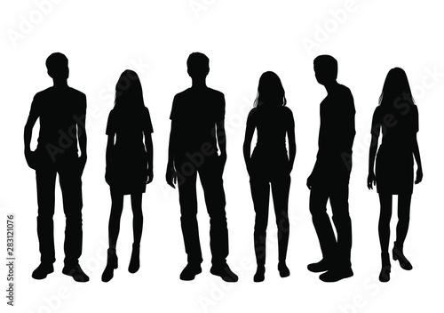 Vector silhouettes of  men and a women, a group of standing business people, black color isolated on white background