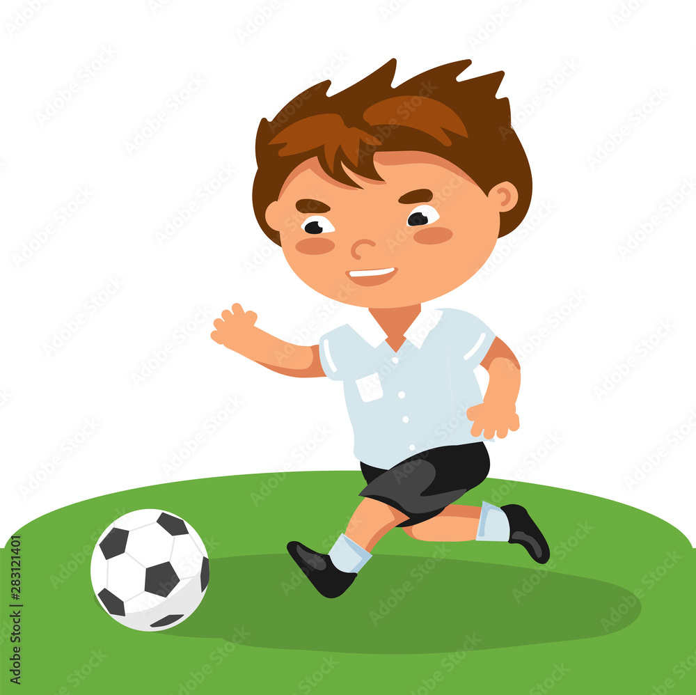 football boy Runs attacking, passes passes, active dynamic, movements. kid play with soccer ball. running school child playing in sport game. Vector illustration in flat style football boy Runs attacking, passes passes, active dynamic, movements. kid play with soccer ball. running school child playing in sport game. Vector illustration in flat style