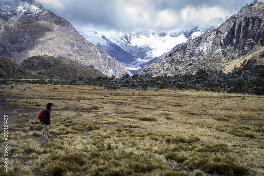Trail to Laguna 69. A person standing looking at the beautiful landscape of the mountains. There are small bushes around it and huge mountains behind with snowy peaks and clouds. Peru