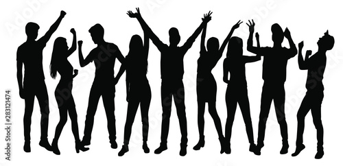 Set vector silhouettes men and women standing, profile, hands up, different poses, group business people, black color, isolated on white background