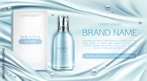 Cosmetics bottle and box mockup banner, natural beauty cosmetic product for face or body care on blue silky draped fabric background with pearl spheres, pump tube ad package design Realistic 3d vector