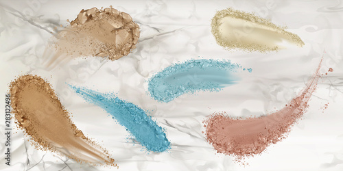 Skin foundation smears, dry powder, eye shadows brush strokes set on marble surface background. Beauty make up cosmetics texture swatch, smudge trace samples palette. Realistic 3d vector illustration