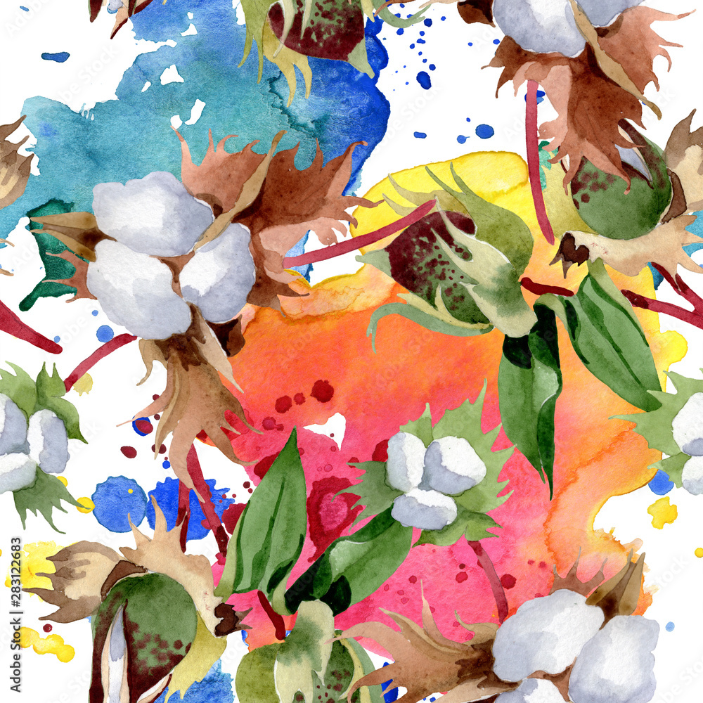 Obraz premium Cotton floral botanical flowers. Wild spring leaf wildflower isolated. Watercolor background illustration set. Watercolour drawing fashion aquarelle. Isolated cotton illustration element.