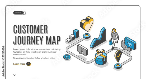 Customer journey map isometric web banner. Process of purchasing decision, buyer make purchase moving by specified route, promotion, search website. 3d vector illustration, line art, landing page
