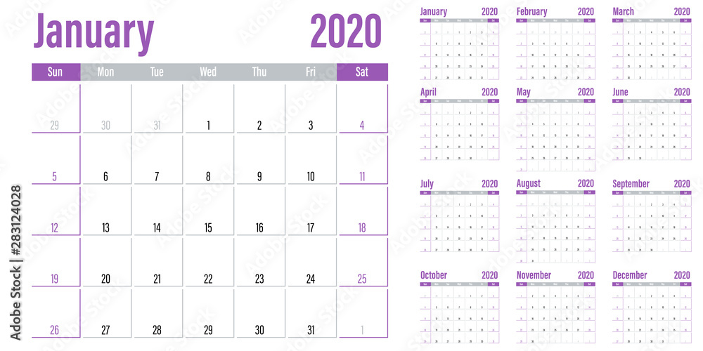 Calendar planner 2020 template vector illustration all 12 months week starts on Sunday and indicate weekends on Saturday and Sunday Calendar planner 2020 template vector illustration all 12 months week starts on Sunday and indicate weekends on Saturday and Sunday