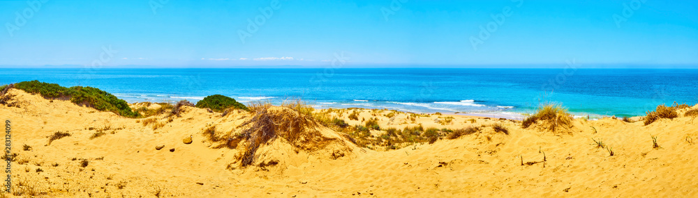 Panoramic view of The Faro de Trafalgar Beach, a broad beach of fine sand dunes of The Cabo de Trafalgar Cape Natural Park. Barbate, Los Caños de Meca, Cadiz. Andalusia, Spain.