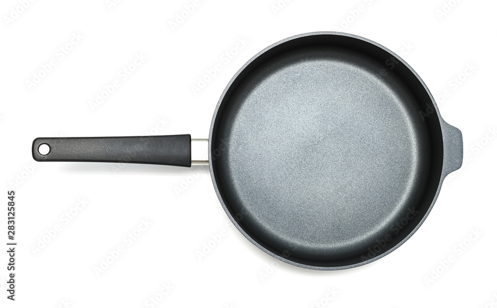 top view brand new matt black stainless steel pan on white background top view brand new matt black stainless steel pan on white background