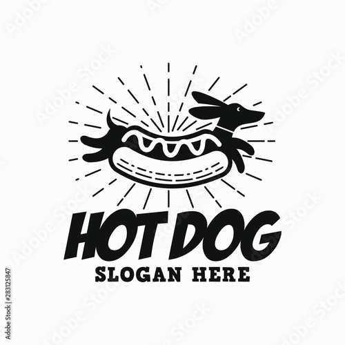 Hipster Hot Dog Logo. a wiener in bun with sunburst