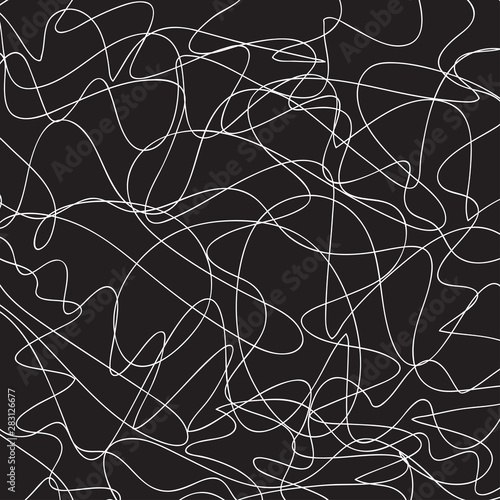Hand drawn lines on isolated black background. Chaotic shape with hatching. Wavy tangled doodle. Black and white illustration