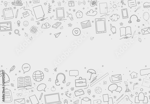 Abstract pattern with school supplies. Graphic background. Outline texture. Back to school. Hand drawn backdrop. Education concept. Black and white illustration