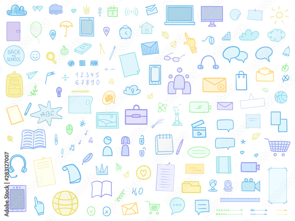 Back to school. Set of multicolored school supplies on isolated white background. Big collection of different signs. Hand drawn infographic elements. Education illustration Back to school. Set of multicolored school supplies on isolated white background. Big collection of different signs. Hand drawn infographic elements. Education illustration