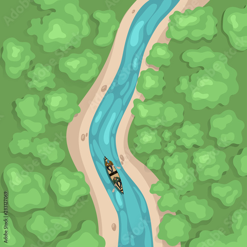 River top view people on a boat floating on the river. Vector graphics