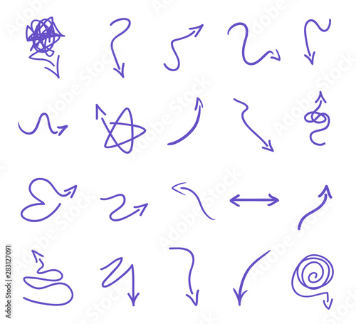 Colored infographic elements isolated on white. Set of sketchy indicator signs. Hand drawn simple pointers. Line art. Abstract arrows. Symbols for work