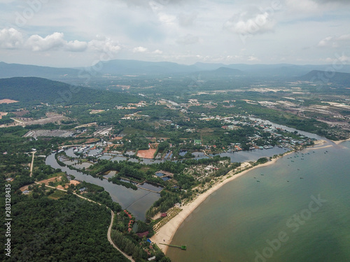 Aerial view of Phu Quoc coastline little village during grey clouded day. Vietnam.