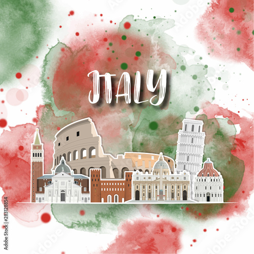Italy Landmark Global Travel And Journey watercolor background. Vector Design Template.used for your advertisement, book, banner, template, travel business or presentation.