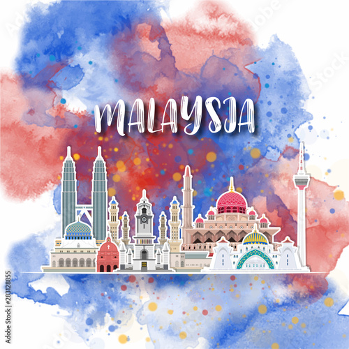 Malaysia Landmark Global Travel And Journey watercolor background. Vector Design Template.used for your advertisement, book, banner, template, travel business or presentation.
