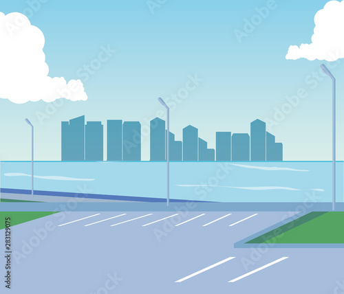 cityscape buildings scene day with sea and road